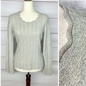 Ann Taylor Cashmere Lace Sweater Gray Silver Sparkly Scalloped Scoop Neck sz Mp